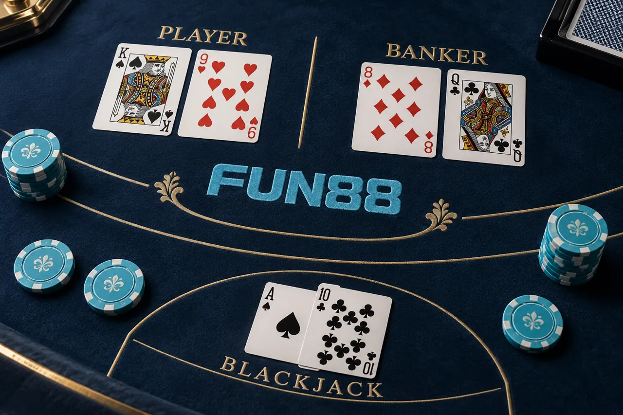 Bài baccarat và blackjack trên bàn minh họa FUN88