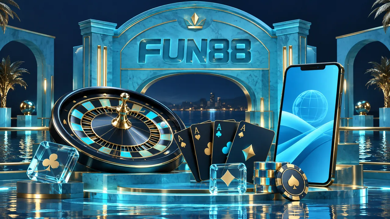 Minh họa sảnh casino màu xanh với roulette, bài và điện thoại mang tên FUN88