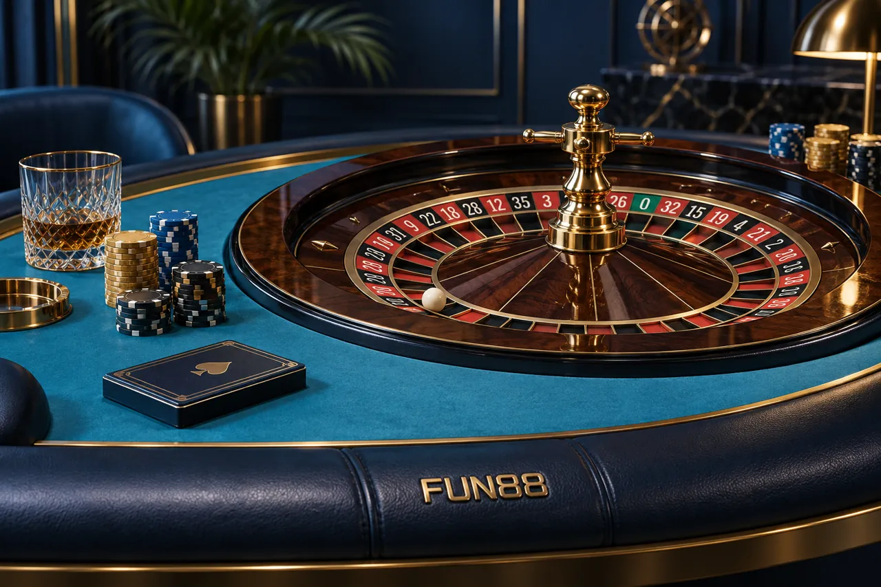 Bàn roulette và chip trên nền xanh mang tên FUN88